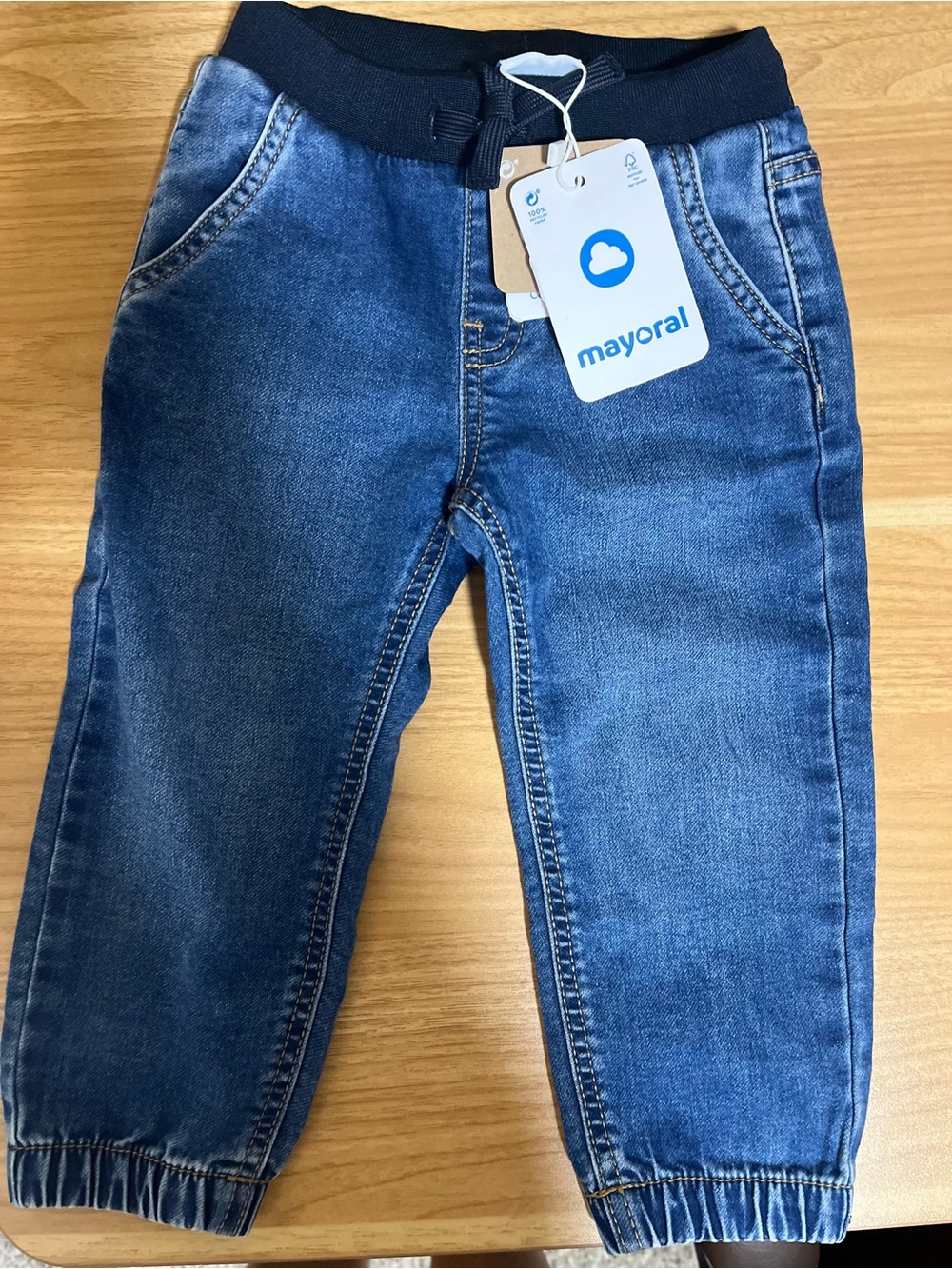 Mayoral Denim-Style Jogger Pants in Dark Blue with Black Waistband